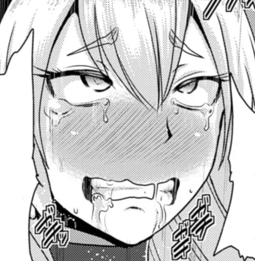 LF Mono Source: 1girl, ahegao, clenched teeth, close up, collar, drooling, eyebrows visible through hair, face, foreign sfx, foreign text, full face blush, hair between eyes, light hair, looking up, raised eyebrows, rolling eyes, saliva trail, speech bub