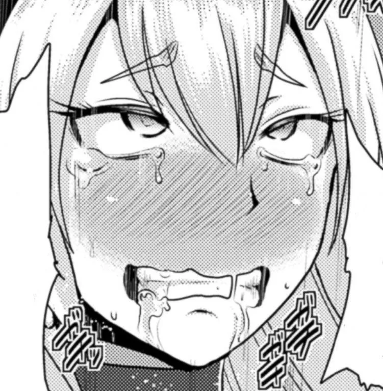 LF Mono Source: 1girl, ahegao, clenched teeth, close up, collar, drooling, eyebrows visible through hair, face, foreign sfx, foreign text, full face blush, hair between eyes, light hair, looking up, raised eyebrows, rolling eyes, saliva trail, speech bub