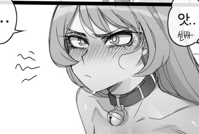 LF Mono Source: 1girl, blush, close-up, closed mouth, collarbone, cum, cum on chin, eyelashes, face, foreign text, light hair, long hair, neck bell/bell collar, nude/naked, pout, sidelocks, sketch, spoken ellipsis, sweat, sweatdrop, swept bangs