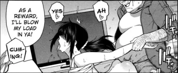 LF Mono Source: ''As a reward, I'll blow my load in ya'', ''cuming'', 1boy, 1girl, eye covering bang, ponytail, fat man, nakadashi, doggystyle