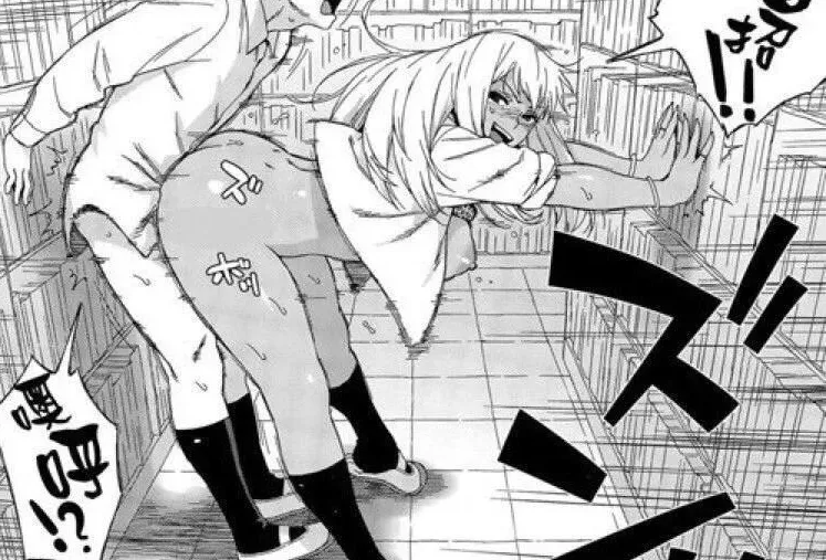Mono 1boy, 1girl, against bookshelf, books, bottomless, bra lift, bracelet, breasts out, dark skin, doggystyle, foreign sfx, foreign text, from side, gyaru, head out of frame, library, looking back, open shirt, sex from behind, sleeves rolled up, socks, 