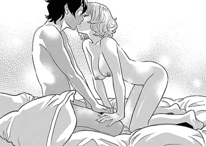 Mono 1boy, 1girl, black hair, closed eyes, collarbone, completely nude, feet, from side, hand on another's knees, hands on own knees, hands on own thighs, kneeling, large breasts, leaning forward, mole under mouth, on bed, open eyes, pillow, short hair,