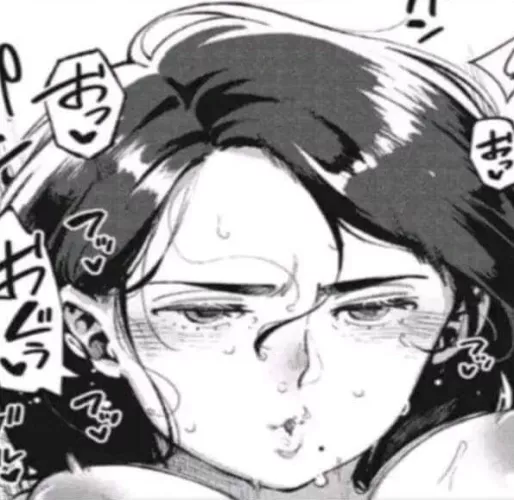 Mono 1girl, areolae, asymmetrical hair, black hair between eyes, blush, bouncing breasts, close-up, face, forehead, foreign sfx, foreign text, hair strand, large breasts, mole under mouth, nipples, nose blush, o3o, parted bangs, puckered lips, spoken hea