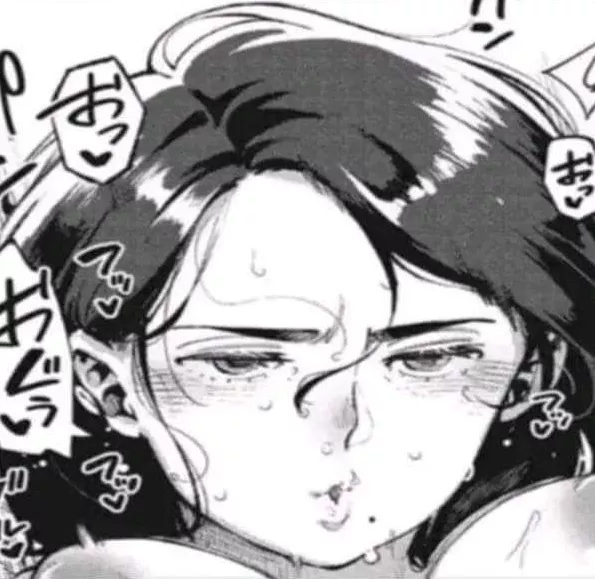 Mono 1girl, areolae, asymmetrical hair, black hair between eyes, blush, bouncing breasts, close-up, face, forehead, foreign sfx, foreign text, hair strand, large breasts, mole under mouth, nipples, nose blush, o3o, parted bangs, puckered lips, spoken hea