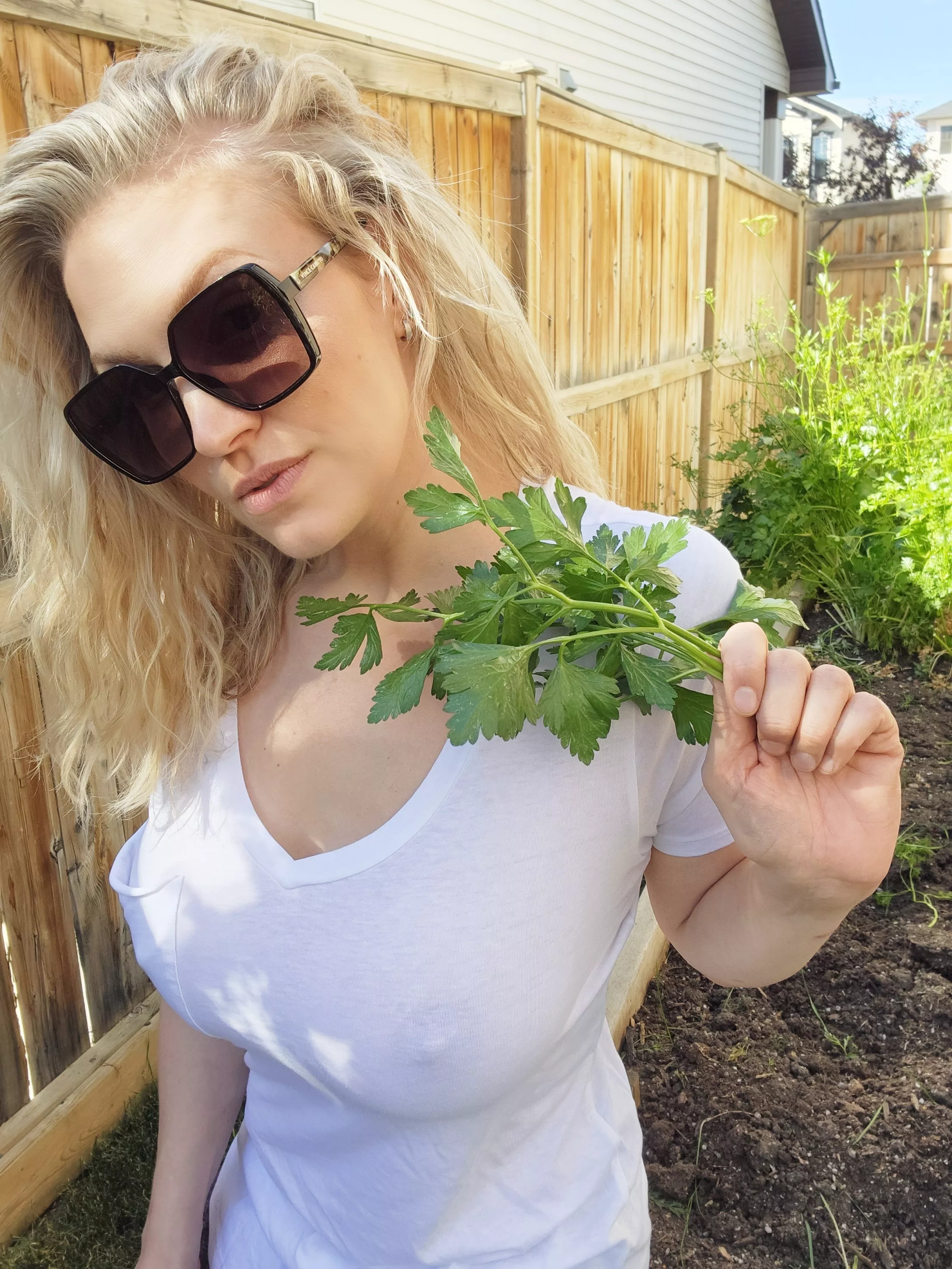 Braless in the garden