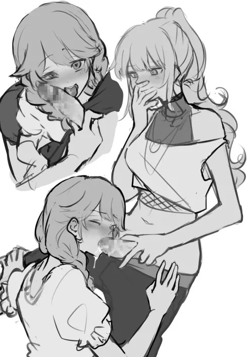 I genuinely can’t tell who I’d rather be, but having a mouth full of futa cock is very tempting…