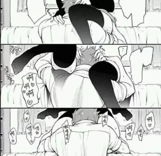 Mono 1boy, 1girl, ass grab, blank speech bubble/empty speech bubble, cunnilingus, curtain, foreign text, from behind, hand on another's head, hand on another's shoulder, head between thighs, head out of frame, knees up, on bed, pink tint, sfx, sitting,