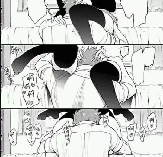 Mono 1boy, 1girl, ass grab, blank speech bubble/empty speech bubble, cunnilingus, curtain, foreign text, from behind, hand on another's head, hand on another's shoulder, head between thighs, head out of frame, knees up, on bed, pink tint, sfx, sitting,