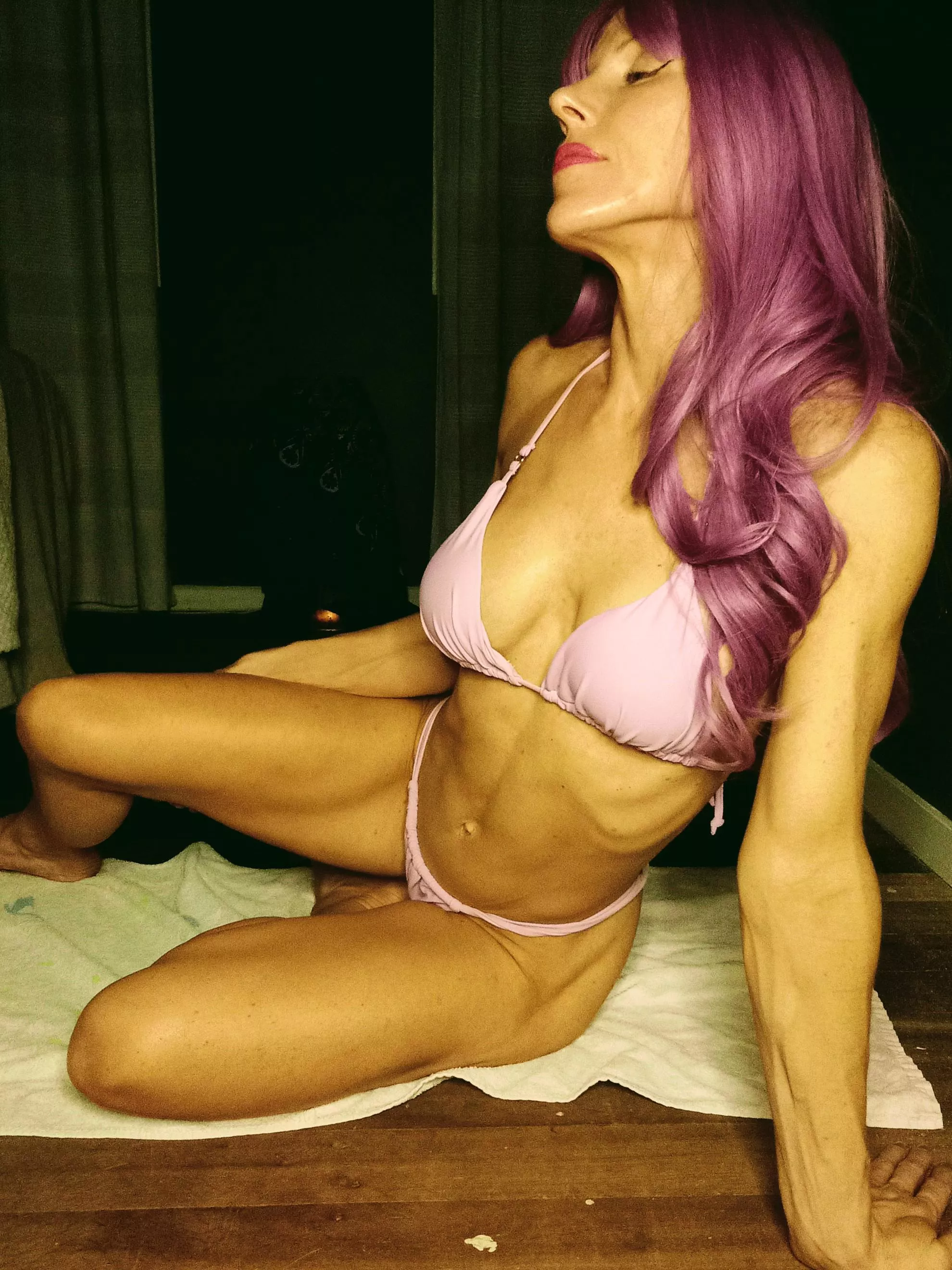 Purple hair, bikini godess