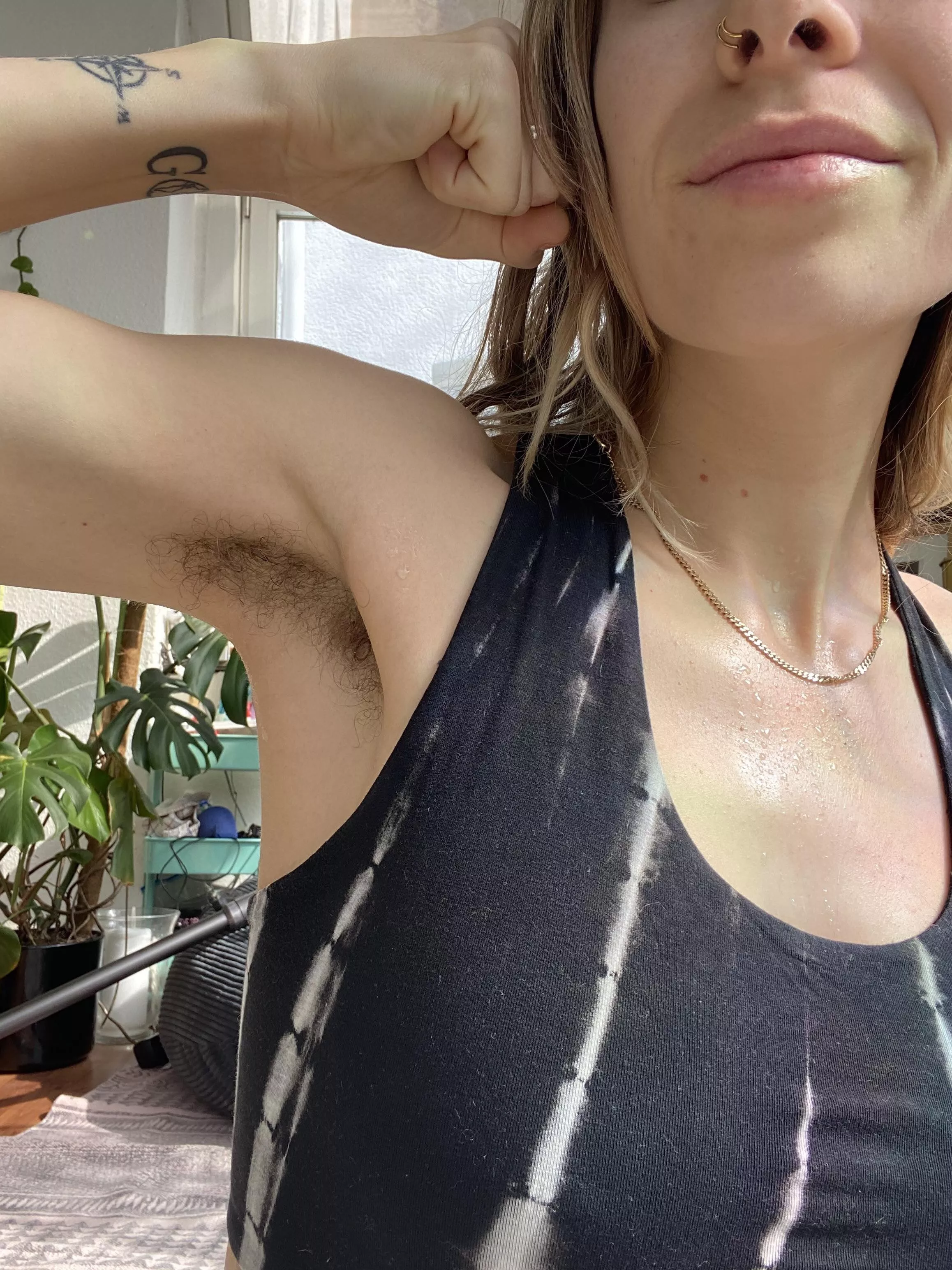 sweaty af, but not worried at all about it because she's just chillin' with you, after an intense workout and run in the sun