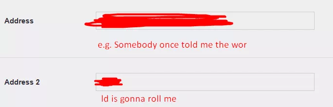 Tried to fill in the address but the info in Address 1 bleeds into Address 2, cause may be due to my address being long. Example is in the image on how it happened. Does anyone have a fix for this?