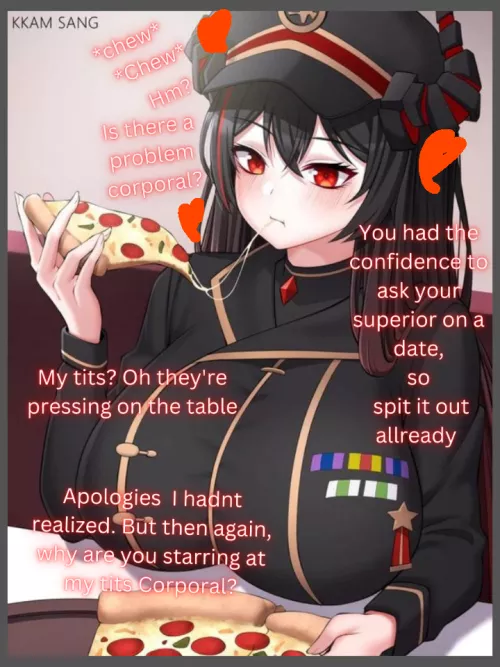 Your superior's tits interrupt your date [clothed] [big tits] [army] [wholesome] [Artist-KKAM SANG]