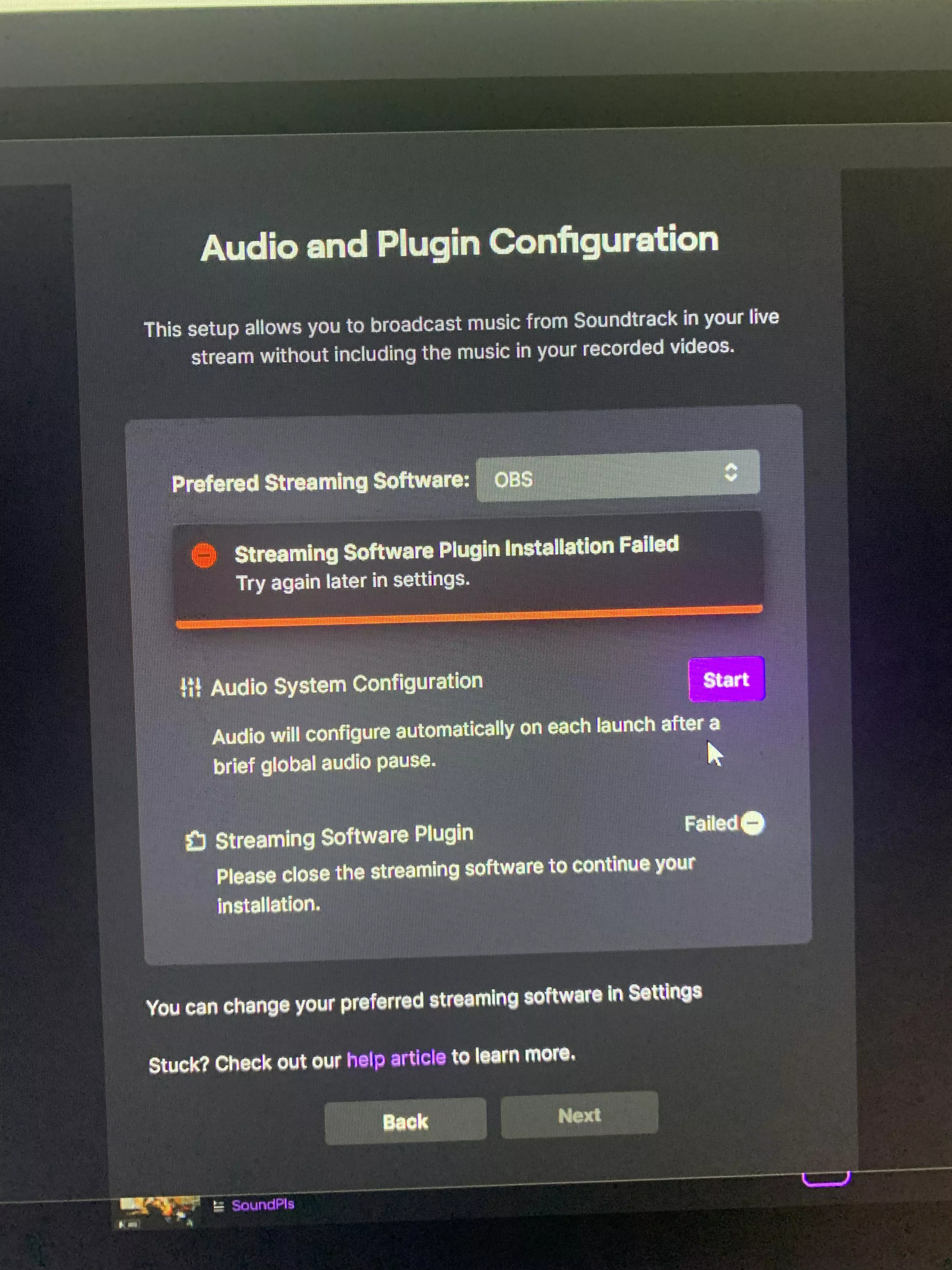 I’ve been trying all day to set up playing music through twitch and having the music not be saved into my VOD. When I went to a VOD twitch muted it because of the music and I went back to soundtrack by twitch and realized that it will not let me instal