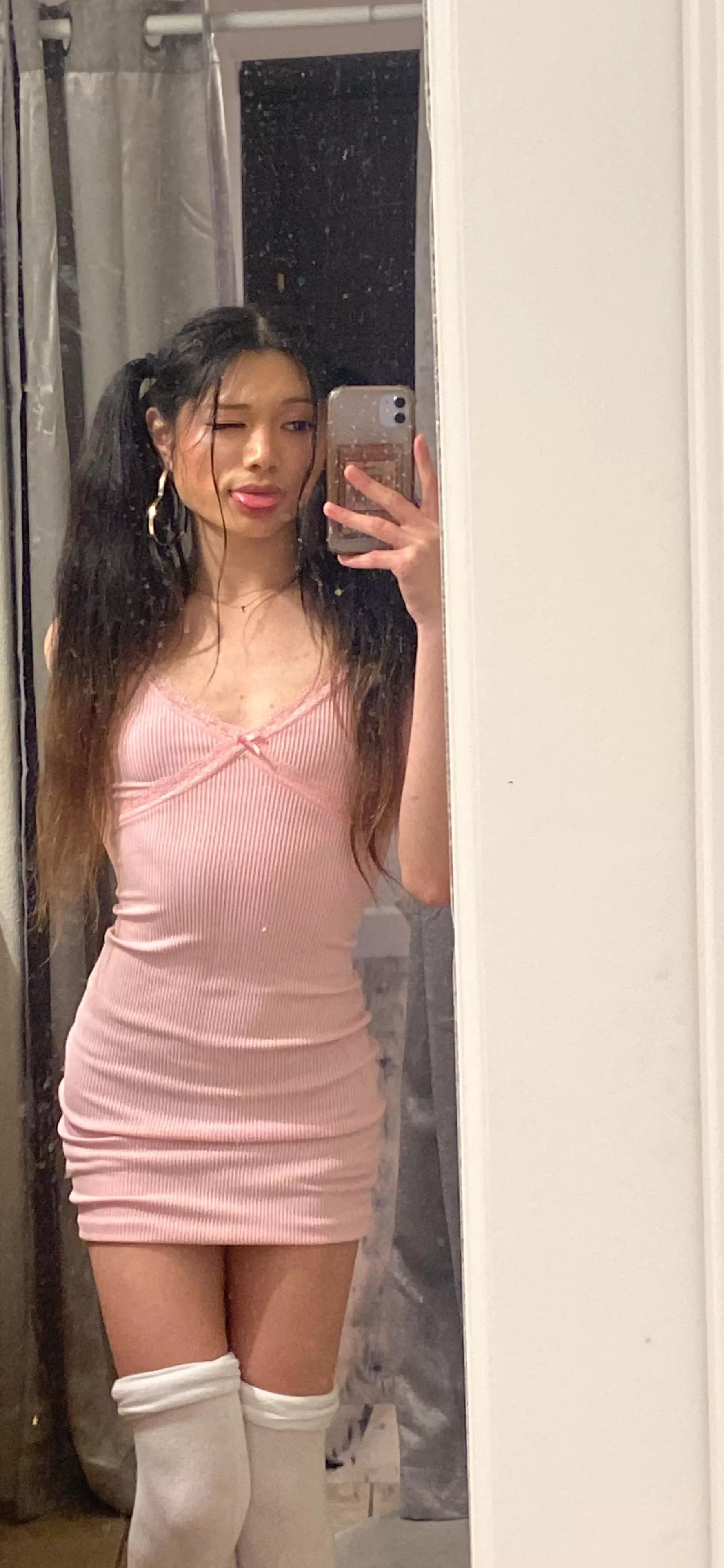 pink dress and pig tails