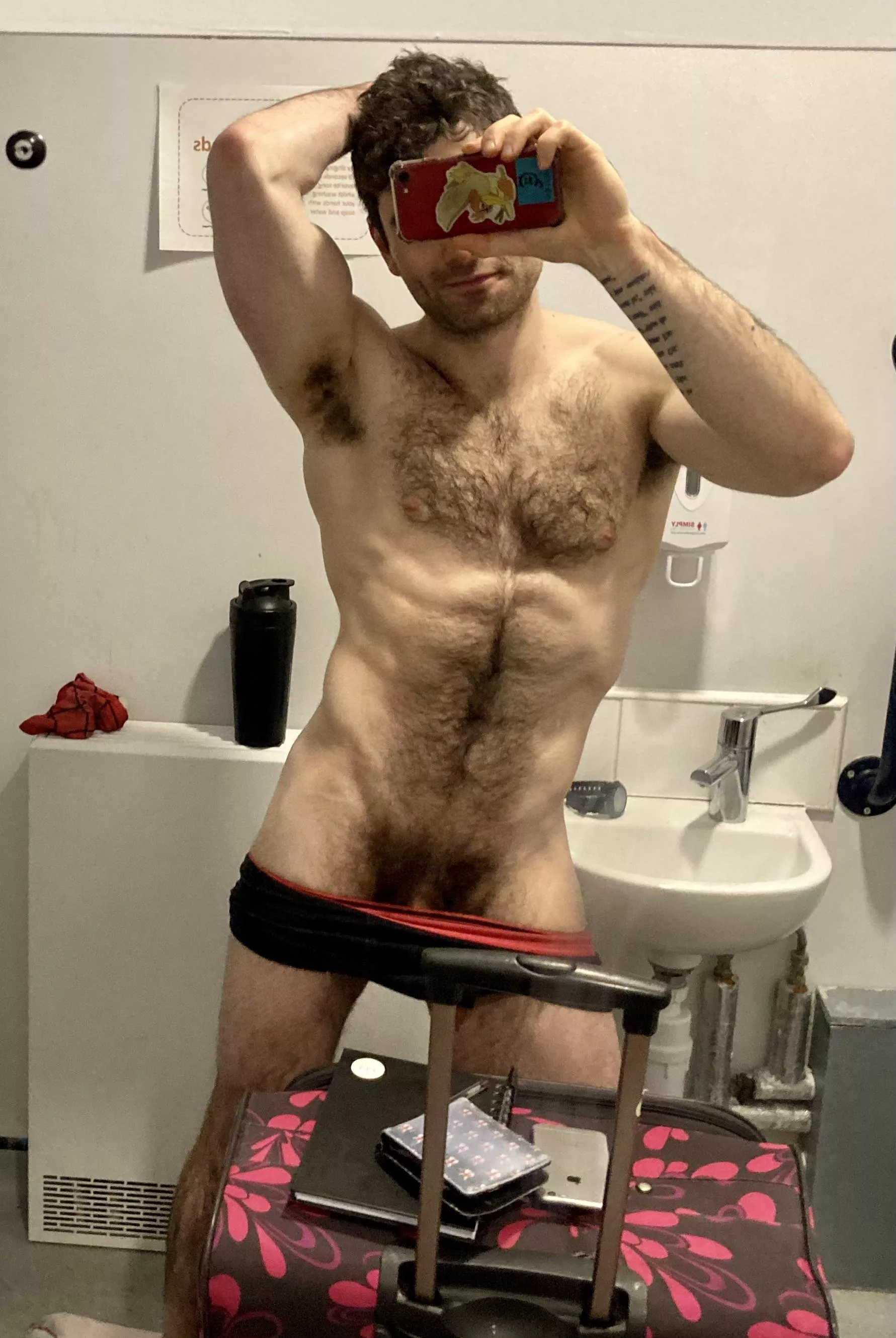 We might only have minutes before my flight, but we can’t miss the lighting of the airport bathroom