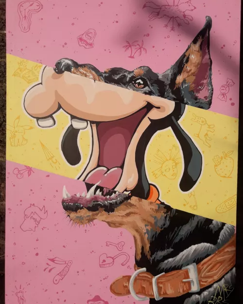 Goofy×Doberman, Acrylic painting.