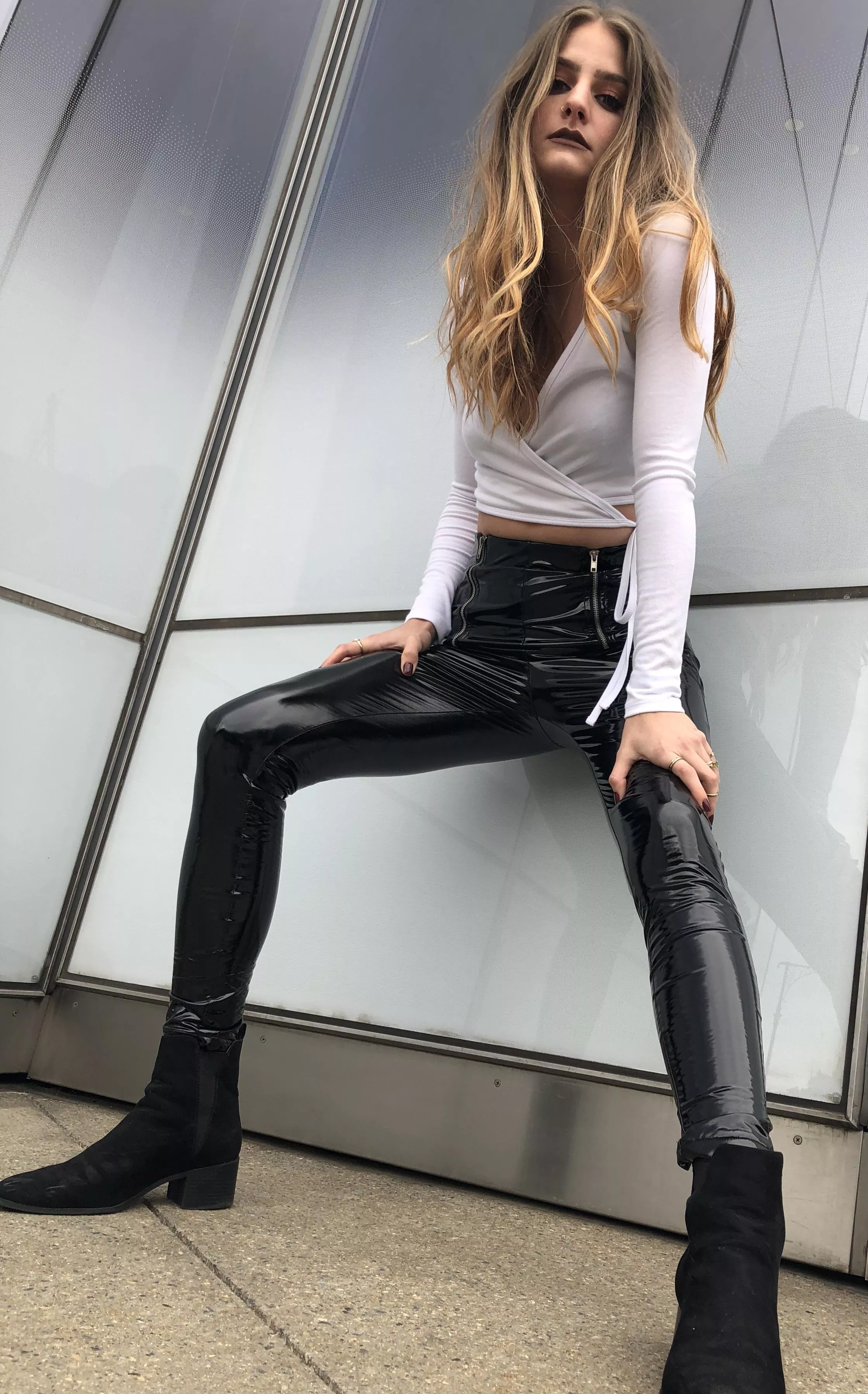 Some tight shiny leggings on my skinny legs