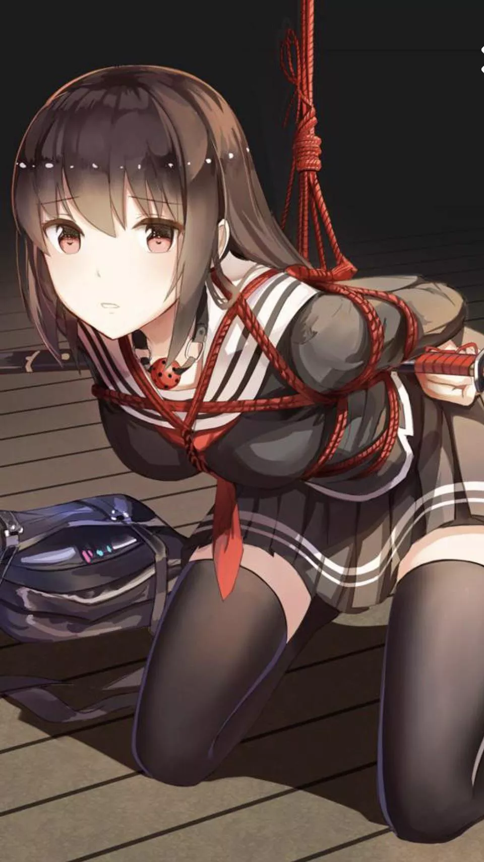 LF Color Source: 1girl, brown hair, bondage, sword, school uniform, brown eyes, kneeling, ball gags, arms tied behind, leaning