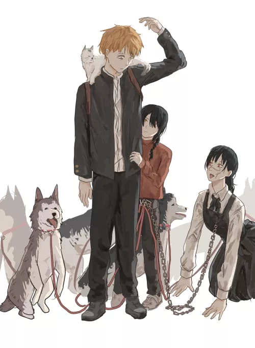 LF color source: Chainsaw Man, Denji, Nayuta, Mitaka Asa, Yoru, meme art, leash, pet play, mind control, blonde hair, black hair, school uniform, tongue out, dogs, kneeling
