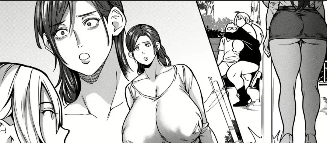 Mono 2girl, 1boy, big breasts, sitting on lap, shocked face, short skirt, milf, long hair, protruding nipples, bench