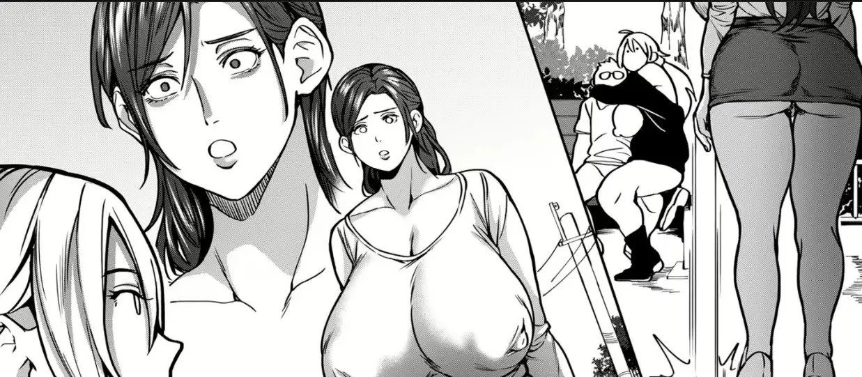 Mono 2girl, 1boy, big breasts, sitting on lap, shocked face, short skirt, milf, long hair, protruding nipples, bench