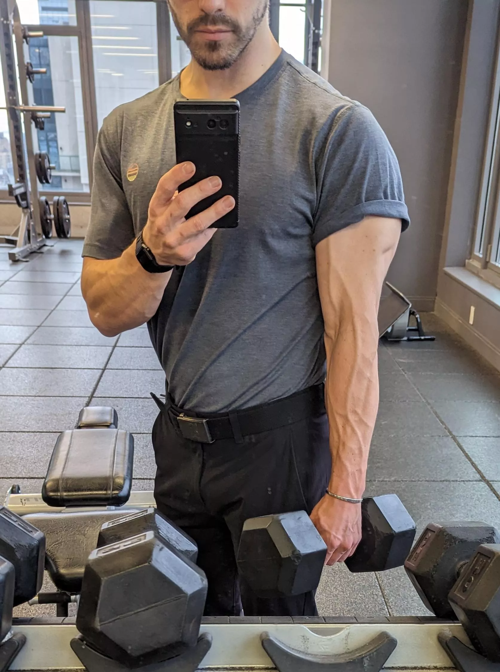 I wholeheartedly acknowledge the fact that holding a dumbbell is cheating. Hope you don't mind!