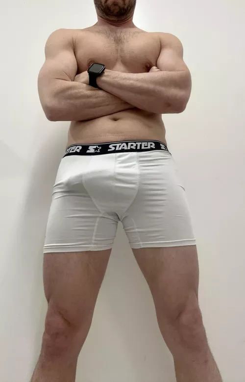 White boxer briefs bulge.