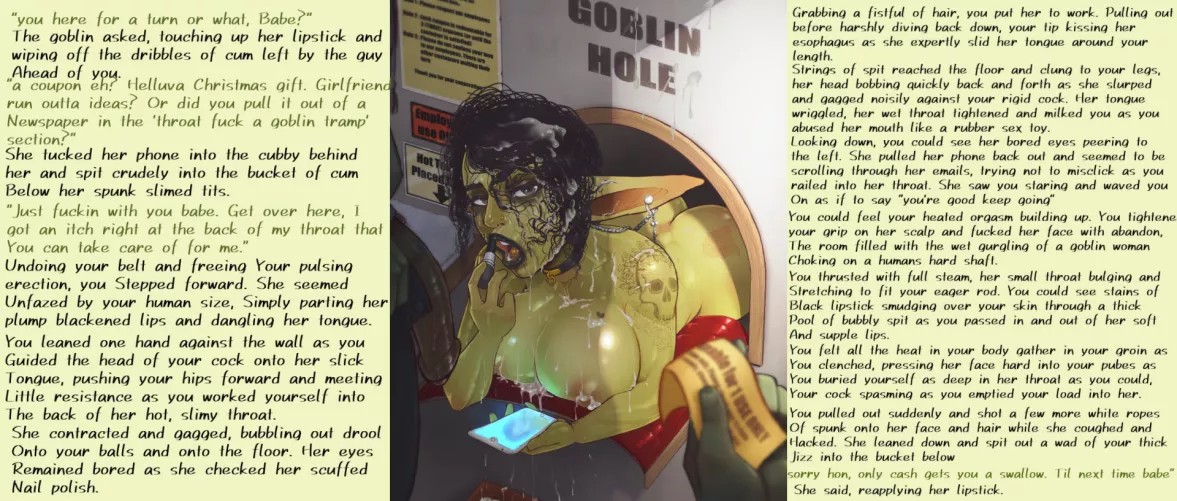 a visit to the goblin throat whore [goblin] [nonhuman] [deepthroat] [throatfuck] [prostitute] [glory hole] [goblin girl] [bored and ignored]