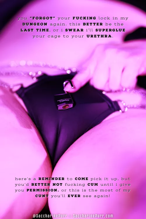 Oh, and I almost forgot, you'd better not get hard looking at my cunt wrapped up tight in my leather panties. You don't get to sniff until the cage goes back on!