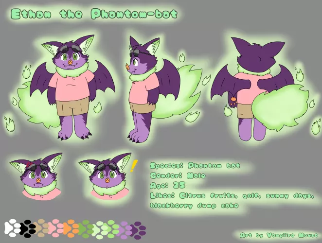 Got a new ref sheet based off an adopt I got a while back. Meet Ethan, the phantom bat. (Art by u/Nastydrawings)