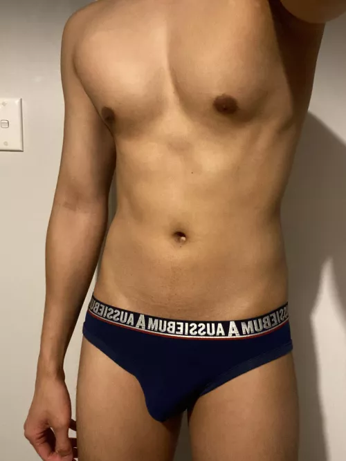 Navy blue briefs fresh out of the gym