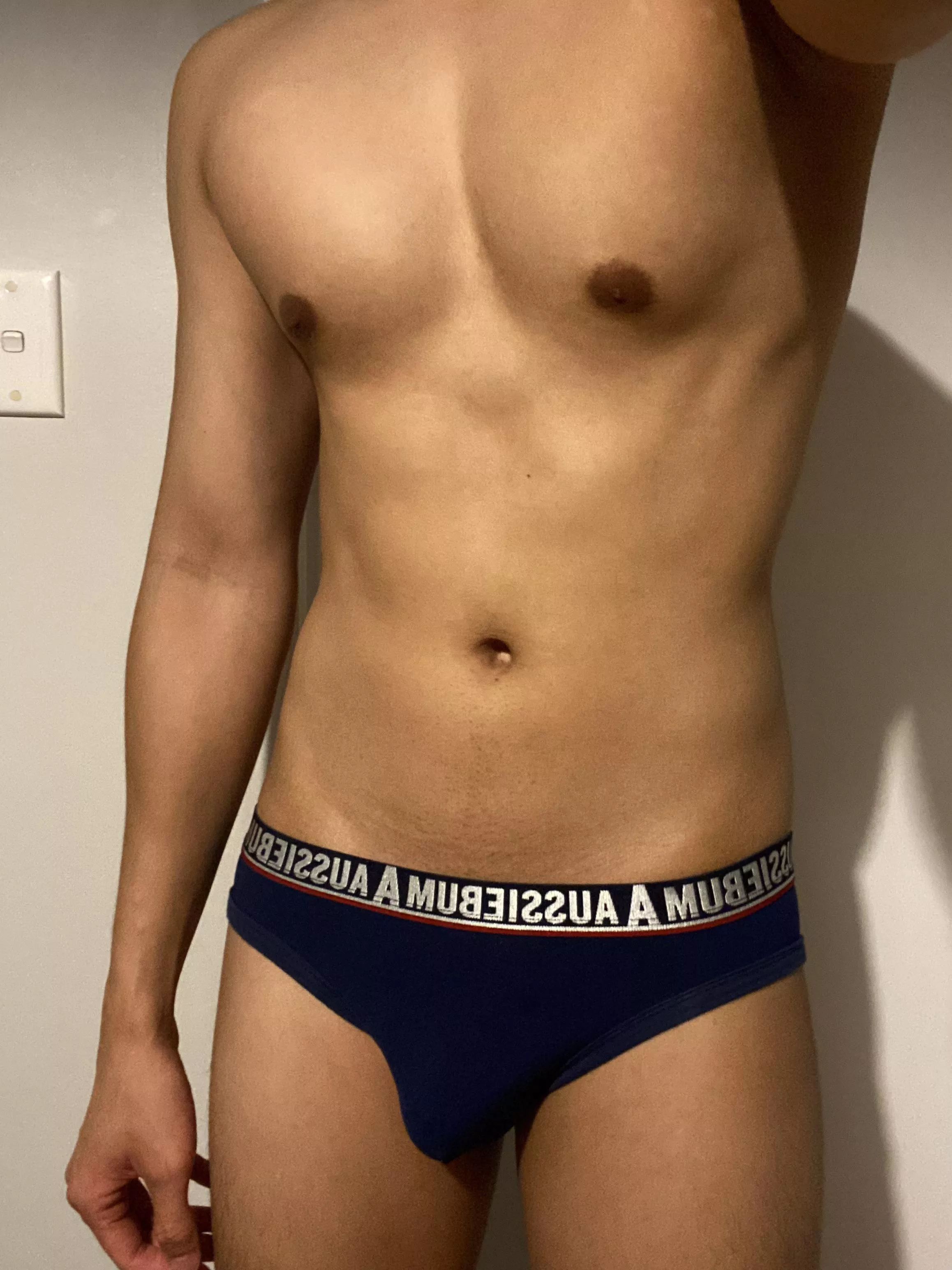 Navy blue briefs fresh out of the gym
