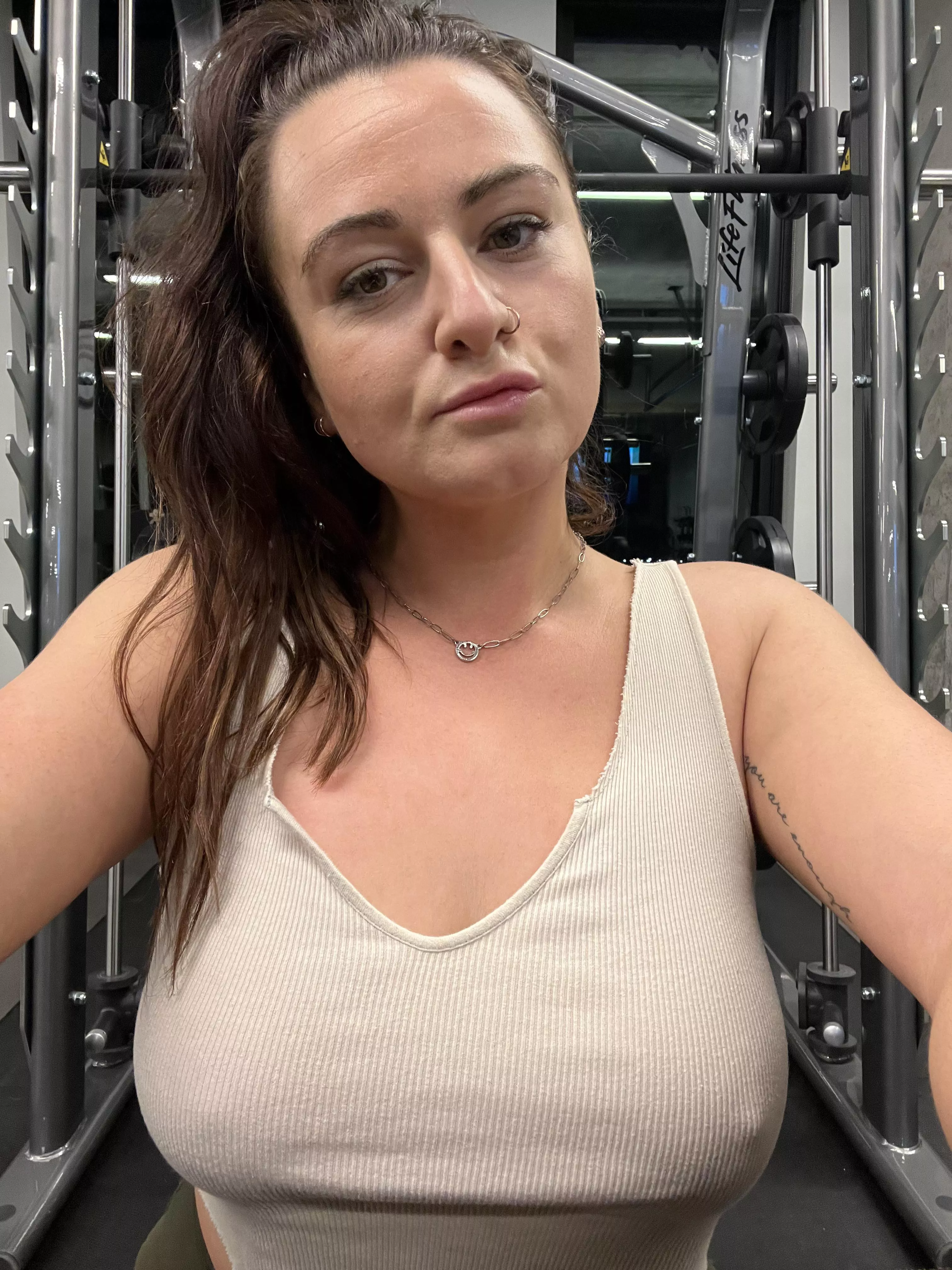 Forgot my sports bra and worked out anyway. Only had a few people do a double take 😏 (f)