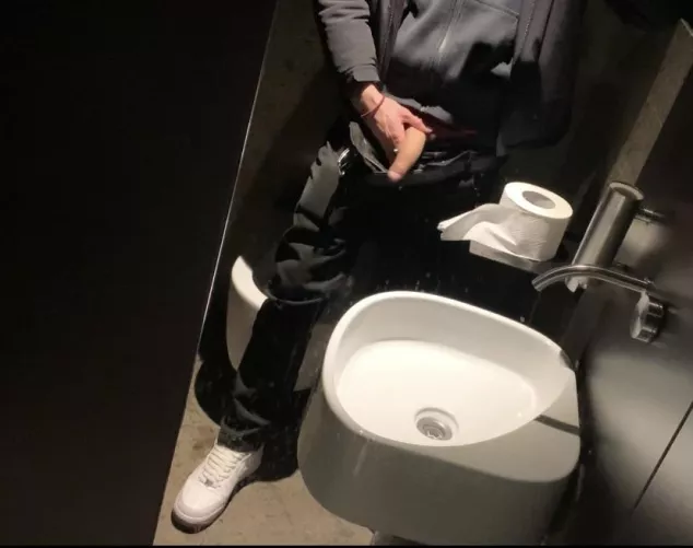 Showing off my big white cock in a public bathroom