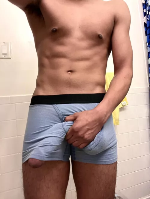 Would you play with my massive cock if it slipped out like this?