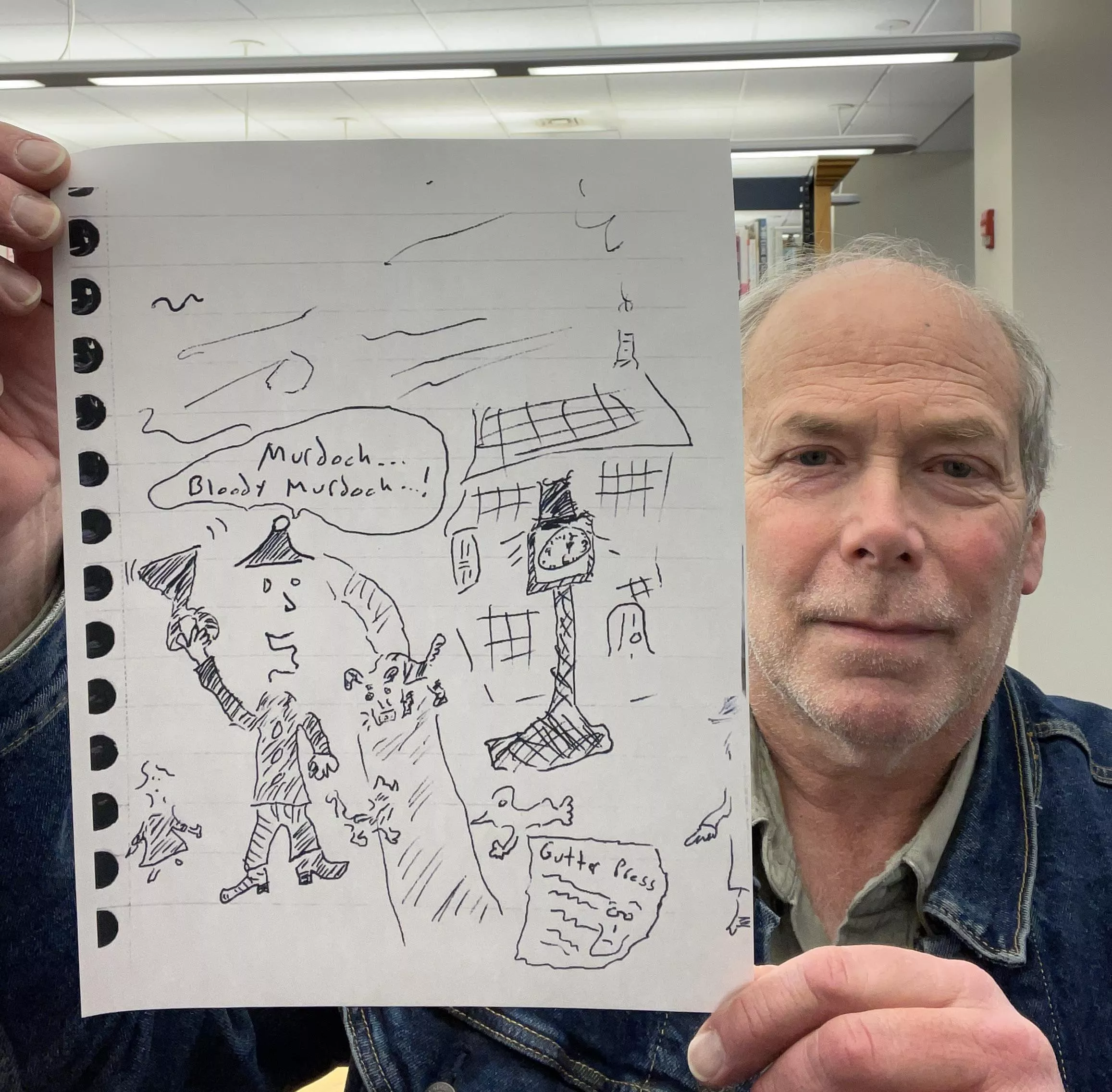 Years ago, I saw an old movie where a Town Crier was announcing, in the fog, “Murder! Bloody murder!” I can’t really draw. But I try.