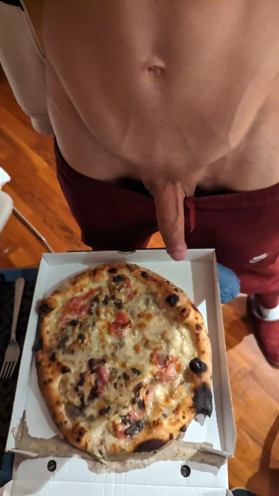 Delivering pizza and my big white cock