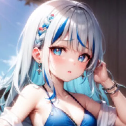 LF Color source: 1girl, silver and blue hair, blue bikini, hand on hair, white dress shirt, blue sky, outdoor, earrings, hair ornaments, two bracelets, blush, long hair, armpit