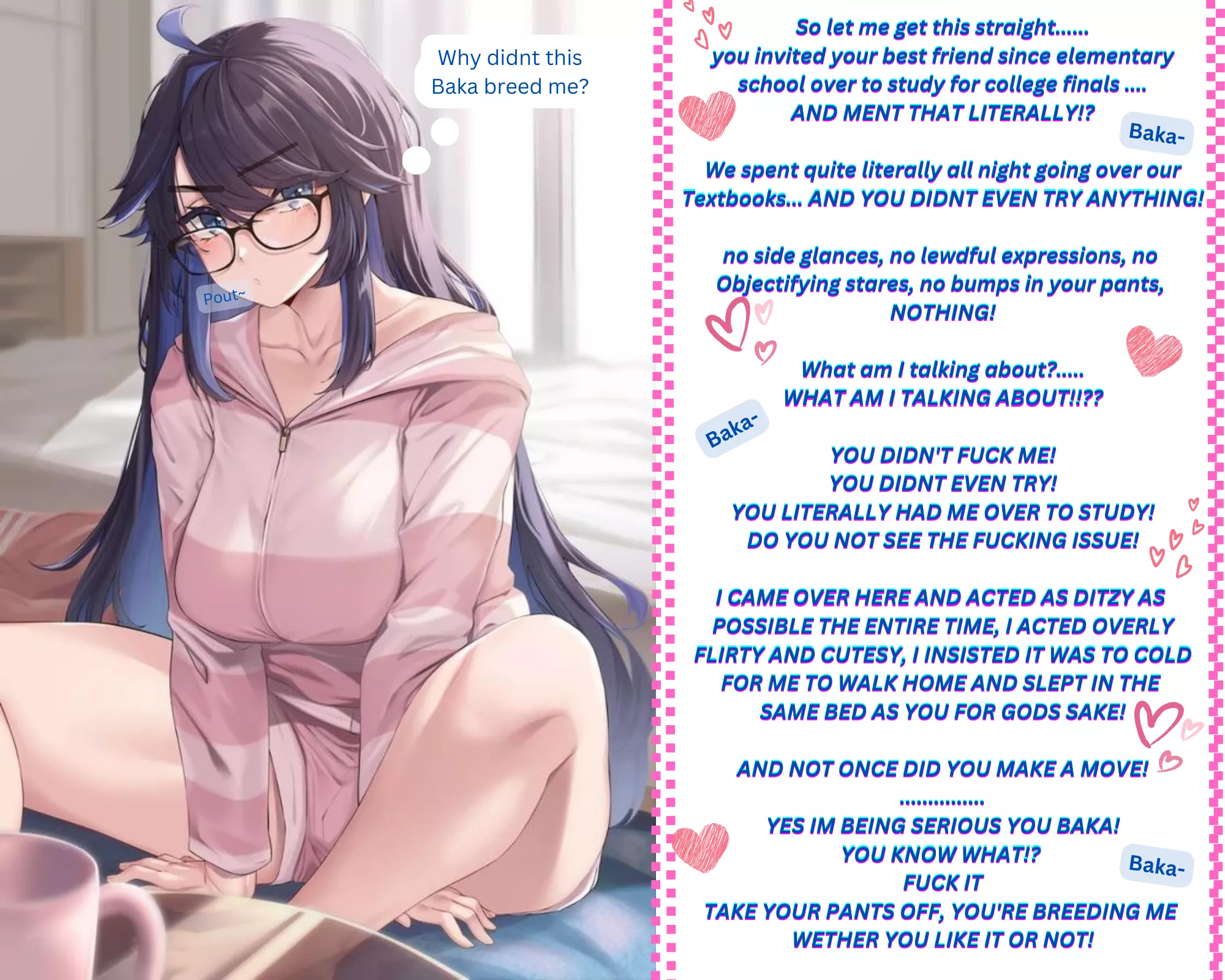 Your childhood best friend gets upset when you take your study session a little, too literally [lewd] [implied breeding] [childhood best friend] [studying] [implied sex] [male Pov] [implied fdom] [artist- moisture]