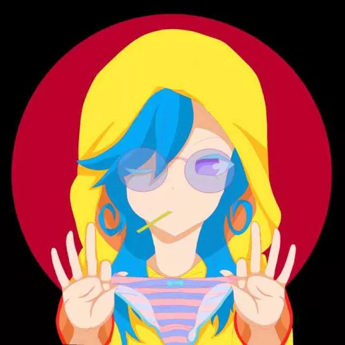 LF Color Source: 1girl, blue hair, yellow hoodie, glasses, over-eye bangs, panties