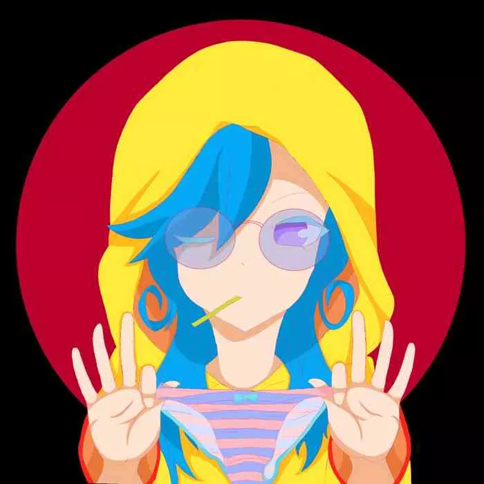 LF Color Source: 1girl, blue hair, yellow hoodie, glasses, over-eye bangs, panties