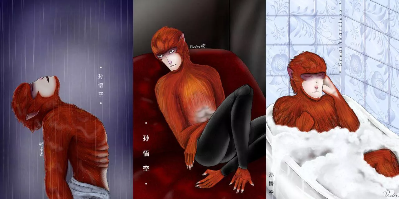 sun wukong monkey king bathroom water mouth eye king shyness Rule34