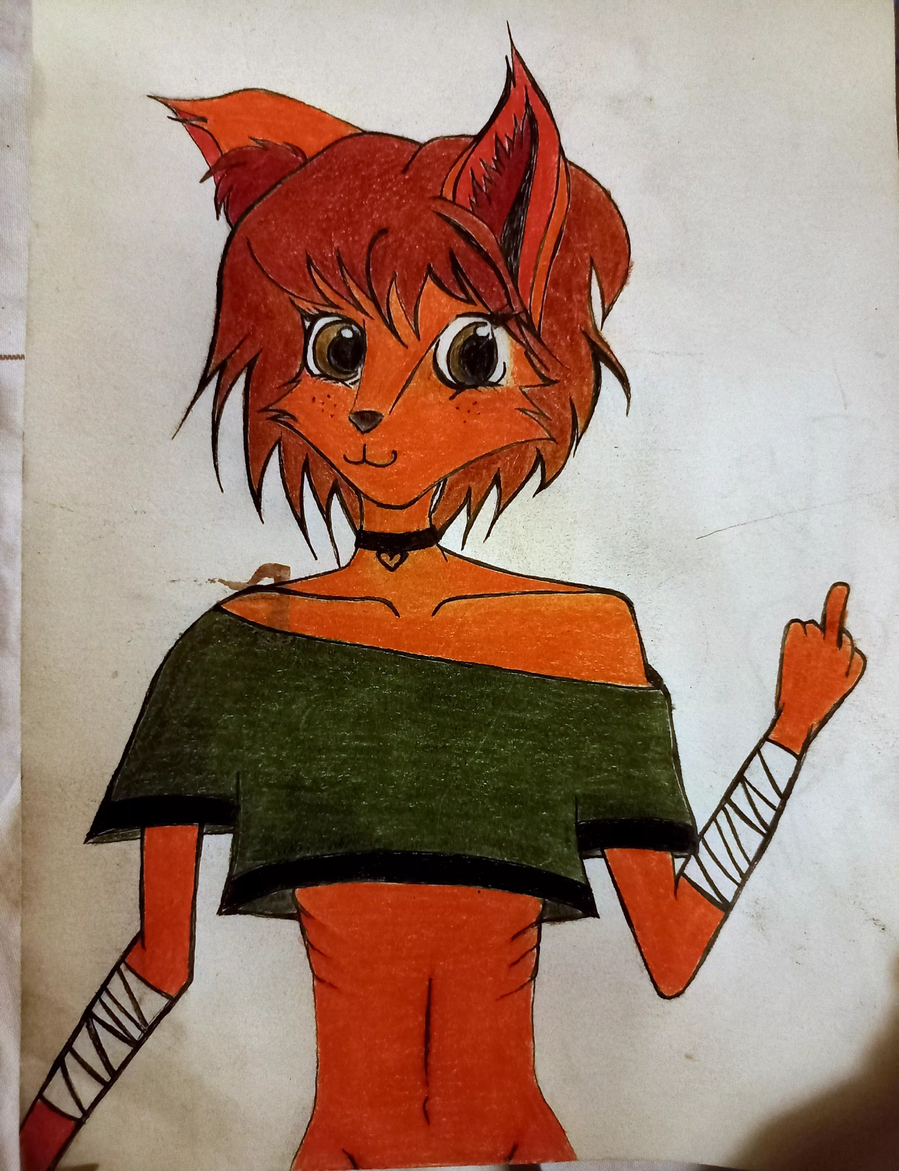 first attempt at furry art and first thing I drew after a loooong time. they're struggling with their mental health but also giving the finger to their struggles lol they'll keep fighting :)