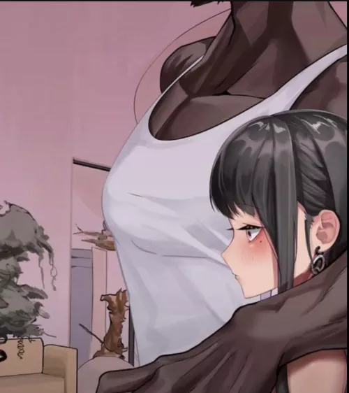 LF Color Source: 1boy, 1girl, taller male, shorter female, dark skinned male, tank-top, black hair, mole under eye, earing, blushing, hand on breast