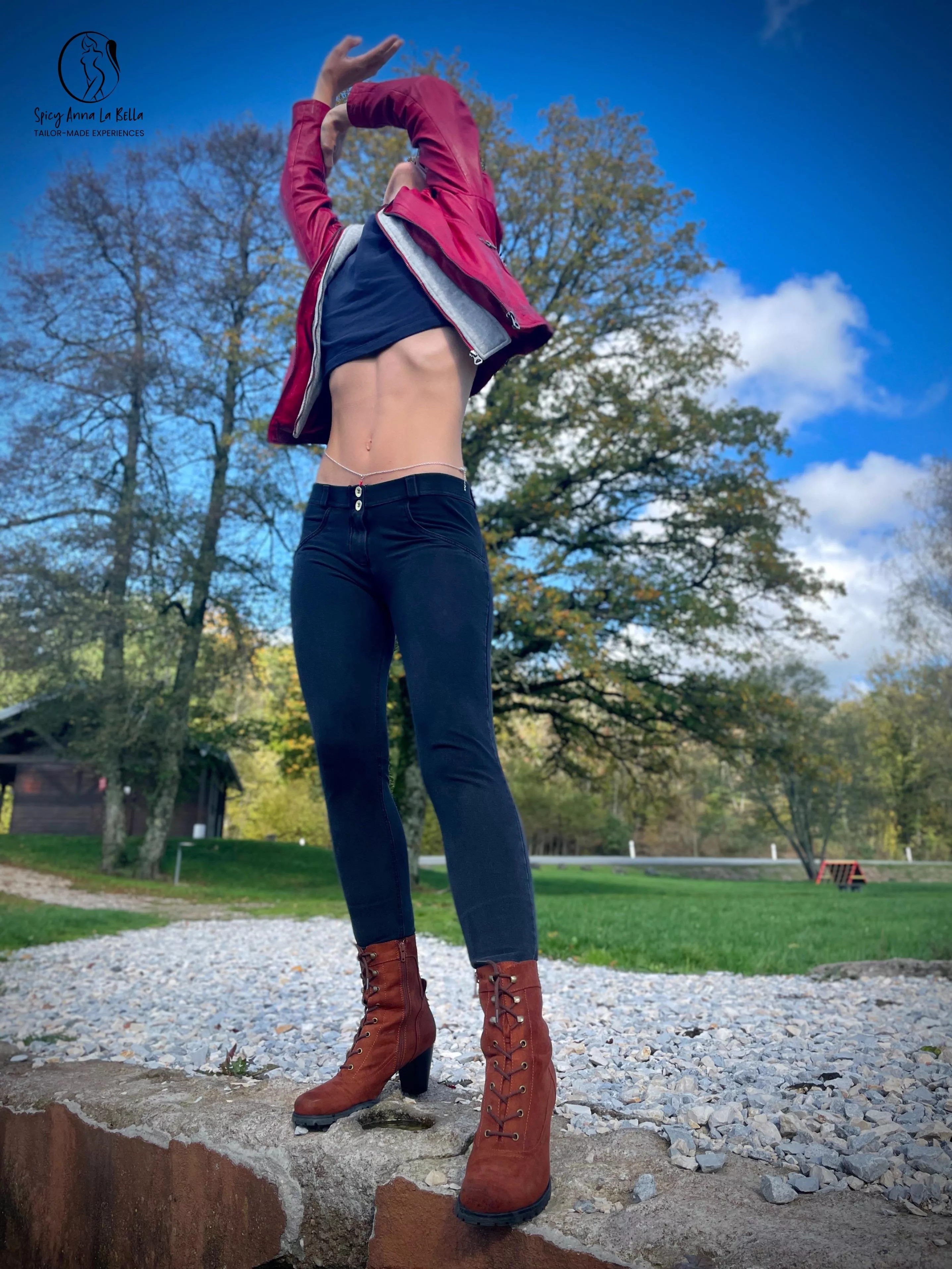 Red leather and blue sky. All set.