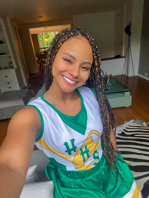 Feeling like the ultimate pep squad babe in my cheerleading outfit!