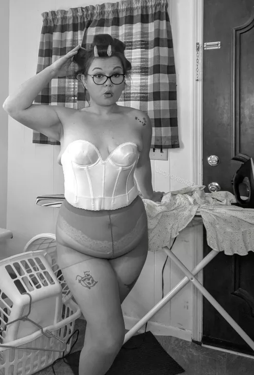 36F pantyhose are on. I just need to finish irating my dress then I'll be your good little housewife