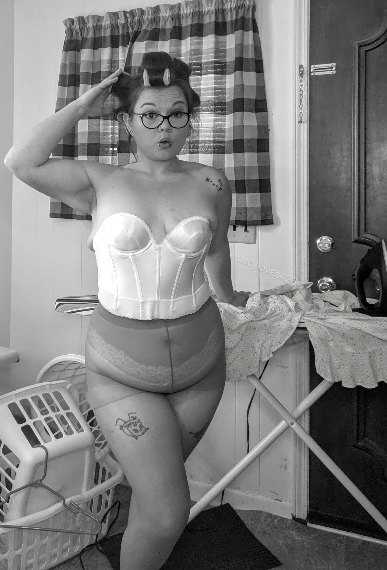 36F pantyhose are on. I just need to finish irating my dress then I'll be your good little housewife