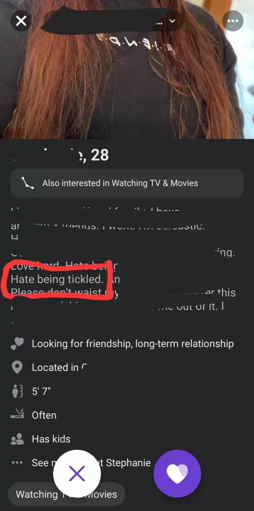 included in a dating Bio, she didn't swipe on me but needless to say I swiped on her cuz I would've loved to get her reaction to finding out that my fetish is a thing she hates. I could only imagine the look of horror from her
