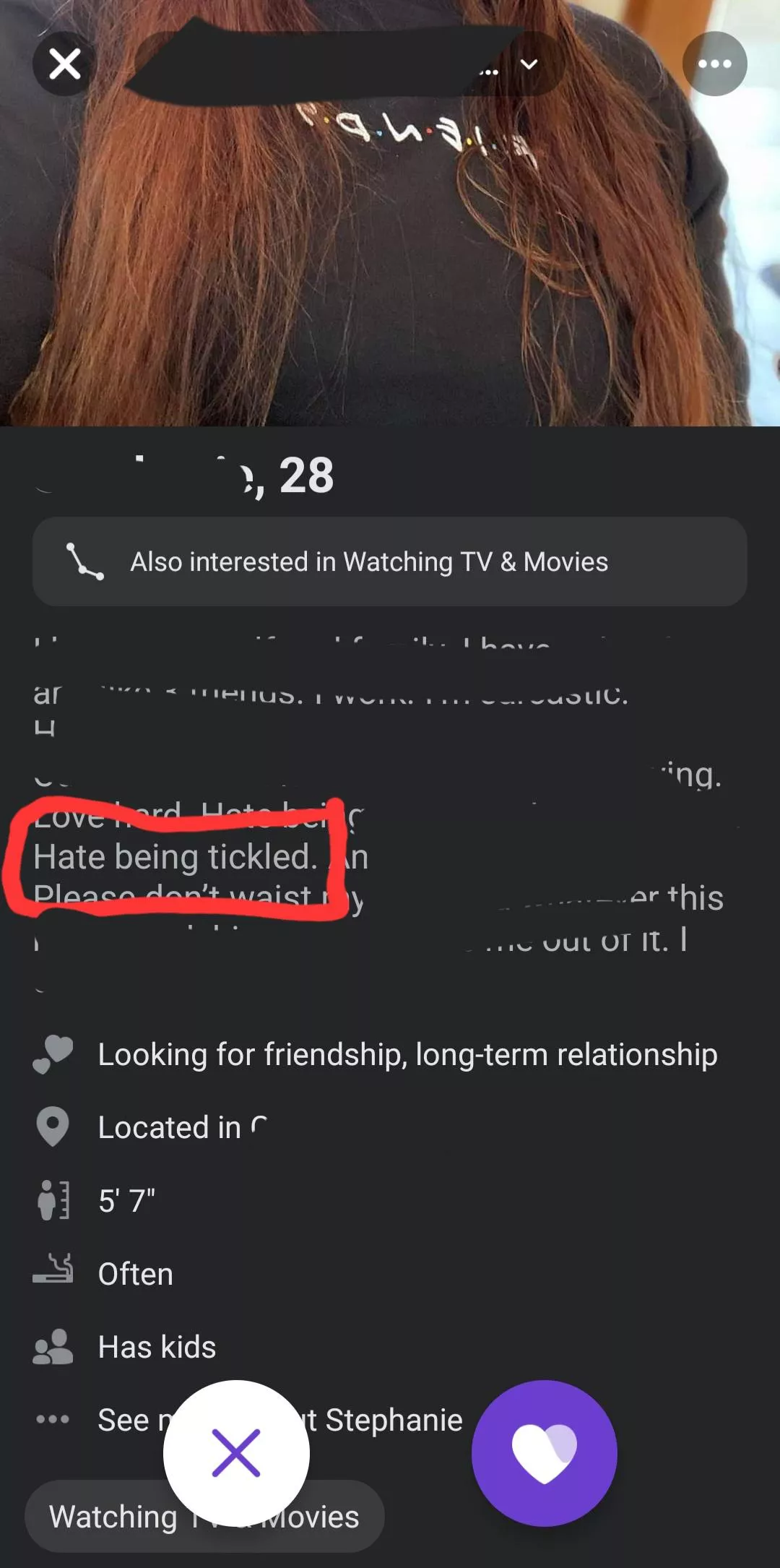 included in a dating Bio, she didn't swipe on me but needless to say I swiped on her cuz I would've loved to get her reaction to finding out that my fetish is a thing she hates. I could only imagine the look of horror from her